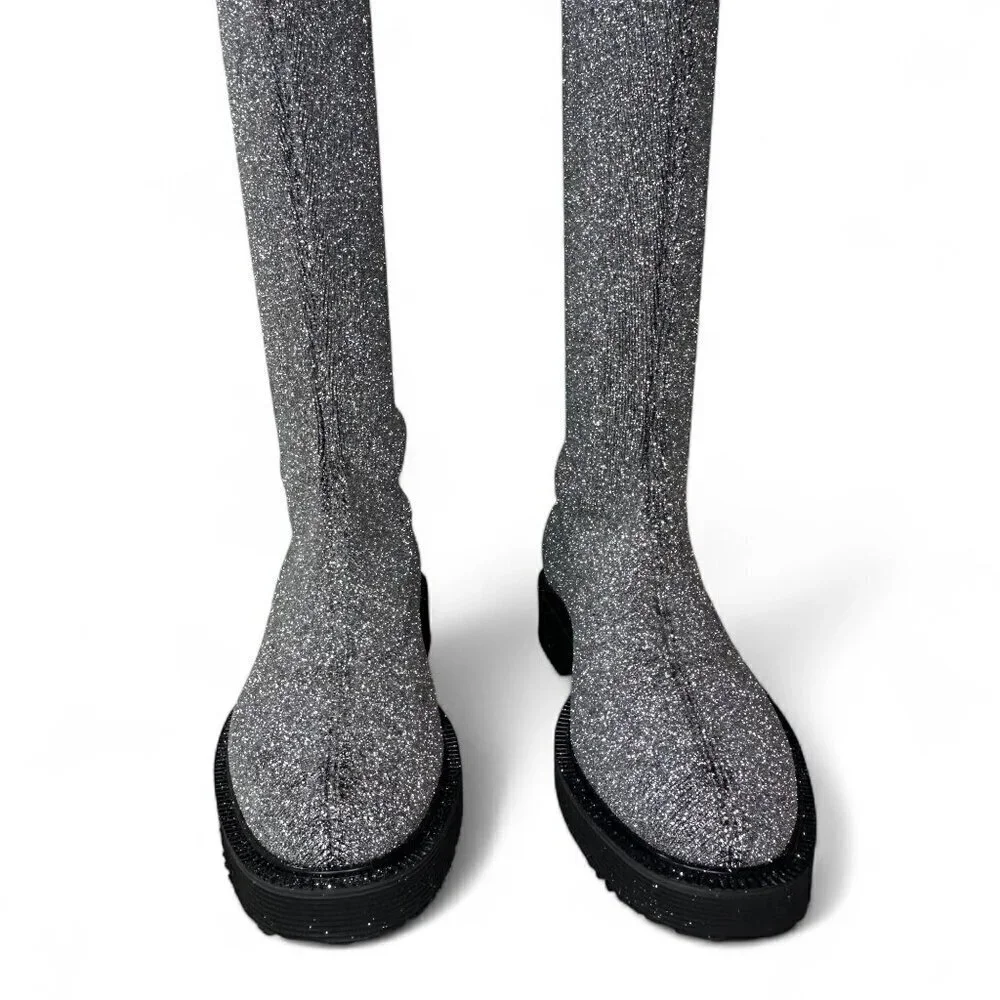 Giuseppe Zanotti Women's Silver Glitter Over-the-Knee Flat Boots Sz 37.5 NWOT